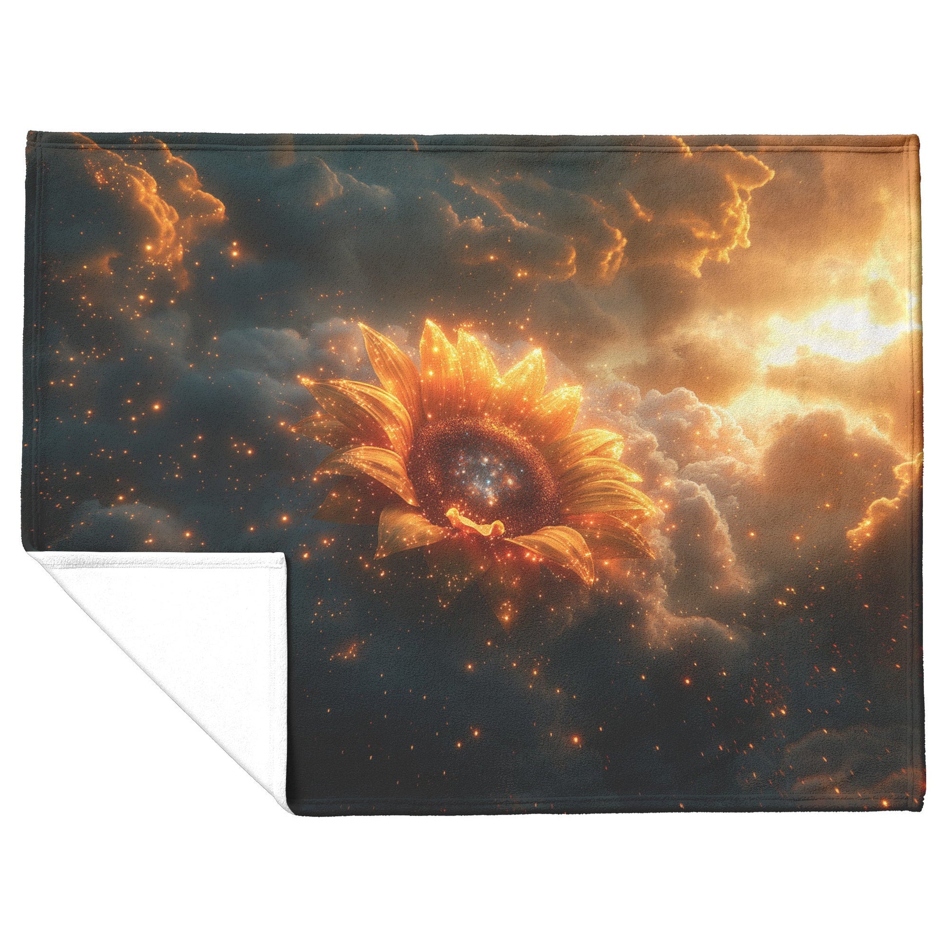 Cosmic Sunflower with Glowing Golden Petals Starry Center Celestial Clouds Stardust Ethereal Light Sherpa Blanket - Awakening Righteousness