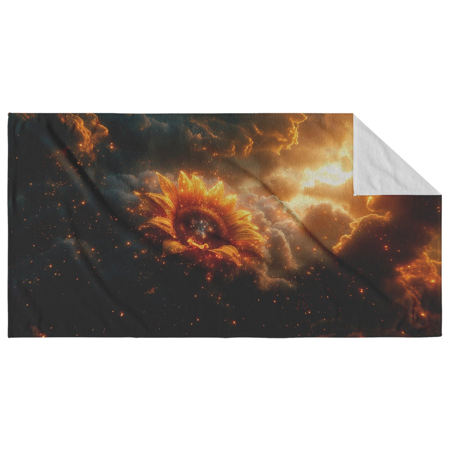 Cosmic Sunflower with Golden Petals Galaxy Center Celestial Clouds Glowing Stardust Ethereal Light Beach Towel - Awakening Righteousness