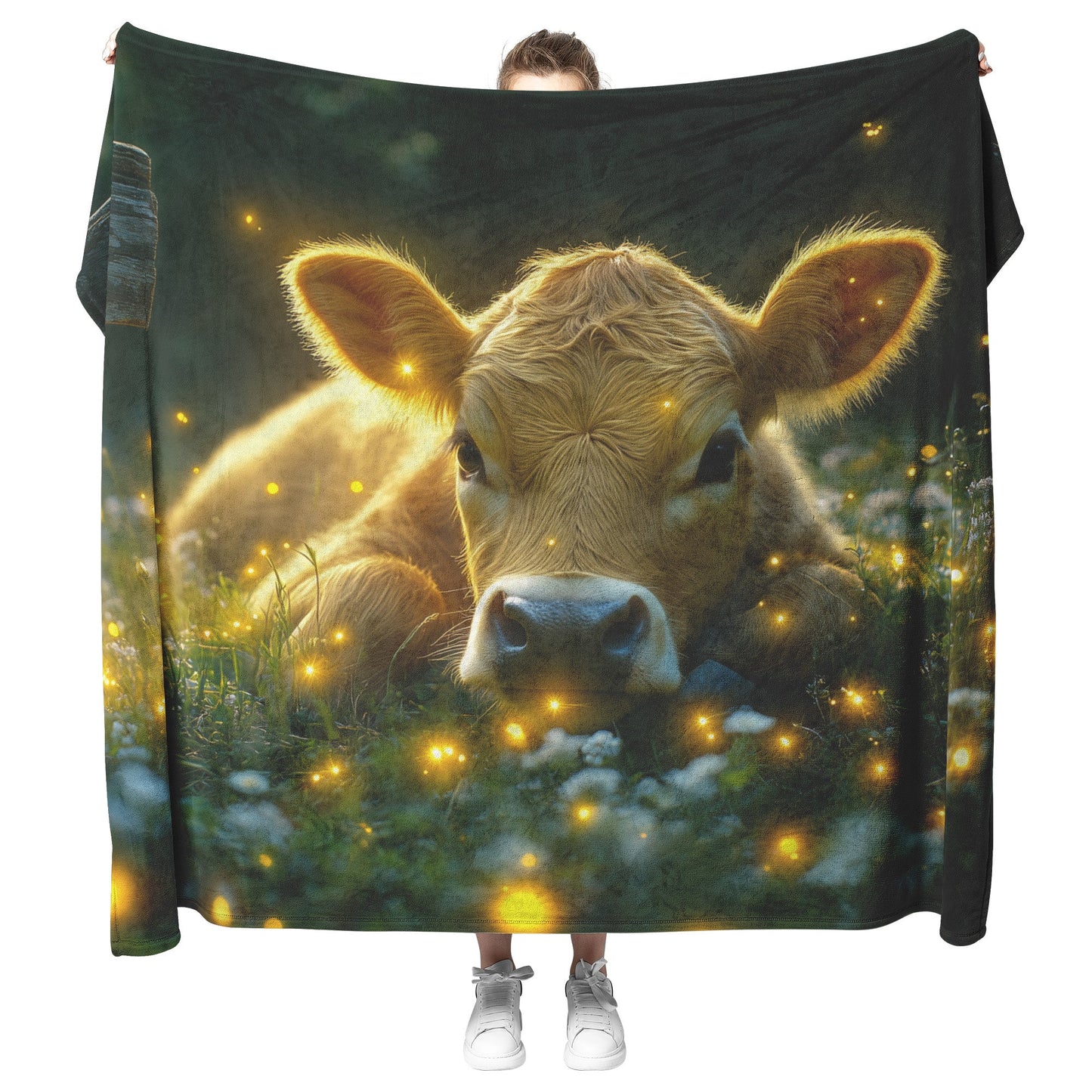 Cow Resting by Fence Sherpa Fleece Blanket Glowing Fireflies Magical Twilight Meadow Serene Peaceful Scene - Awakening Righteousness