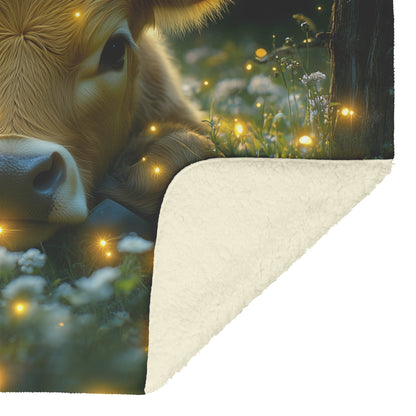 Cow Resting by Fence Sherpa Fleece Blanket Glowing Fireflies Magical Twilight Meadow Serene Peaceful Scene - Awakening Righteousness