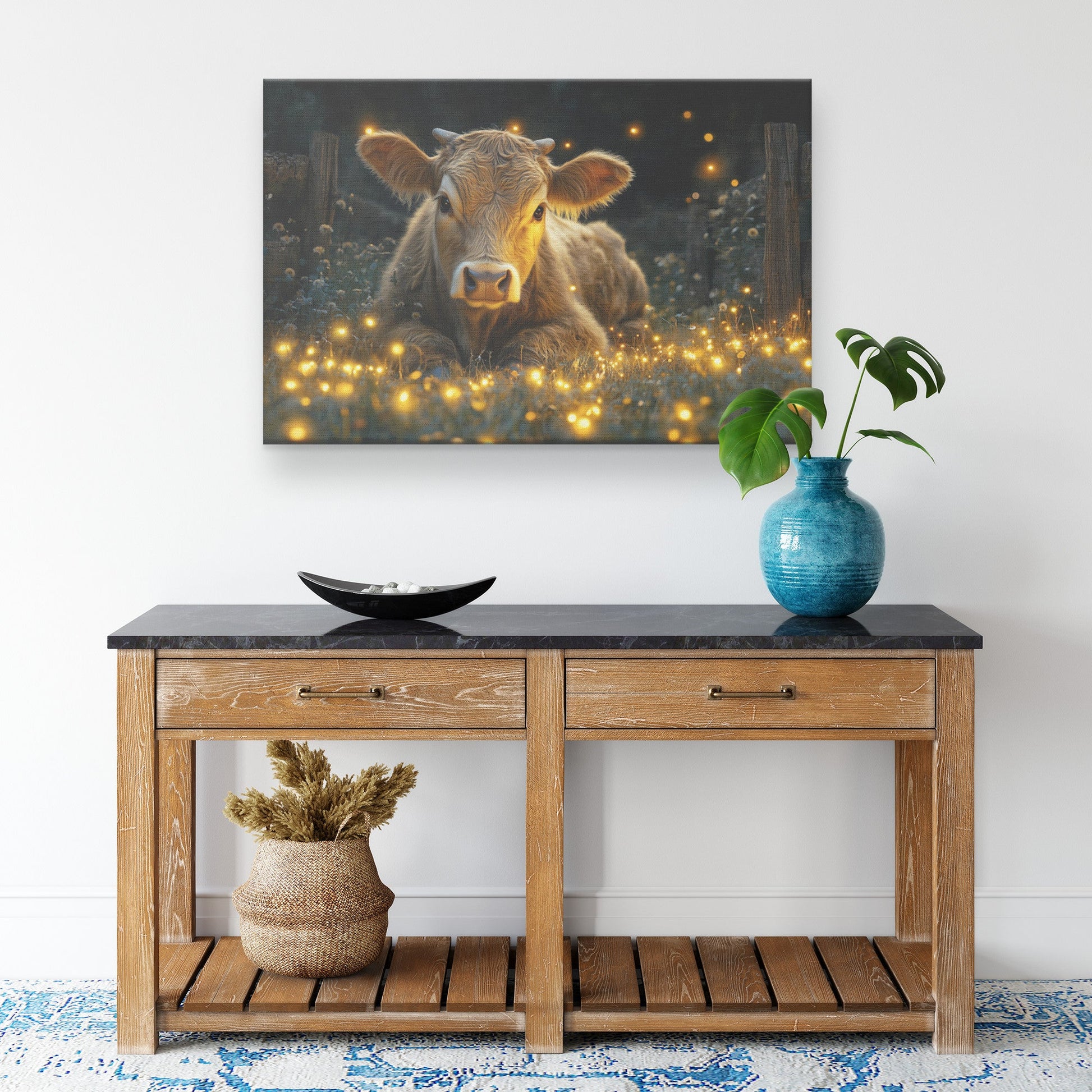 Cow Resting Near Old Wooden Fence Surrounded by Glowing Fireflies in Magical Twilight Meadow Canvas Wall Art - Awakening Righteousness
