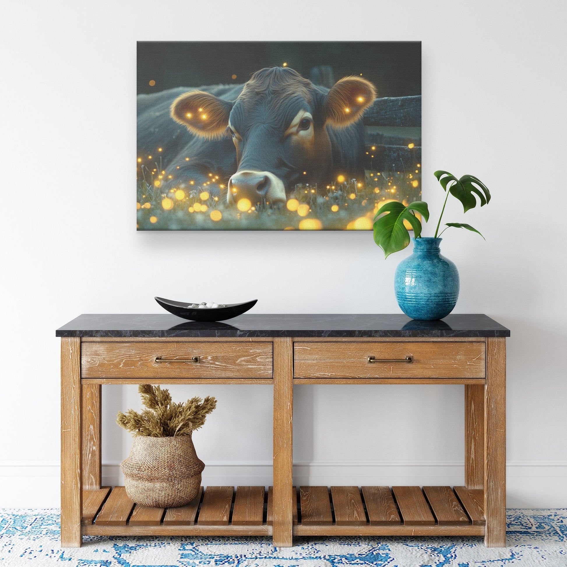 Cow Resting Near Old Wooden Fence Surrounded by Glowing Fireflies in Magical Twilight Meadow Canvas Wall Art - Awakening Righteousness