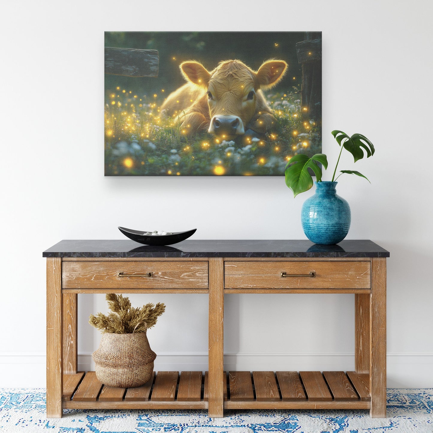 Cow Resting Near Wooden Fence Surrounded by Glowing Fireflies in Magical Twilight Meadow Canvas Wall Art - Awakening Righteousness