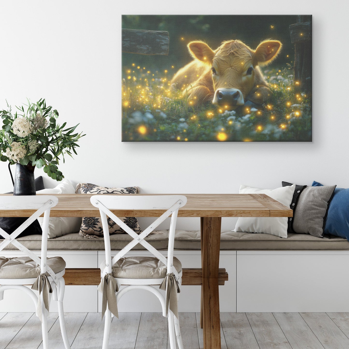 Cow Resting Near Wooden Fence Surrounded by Glowing Fireflies in Magical Twilight Meadow Canvas Wall Art - Awakening Righteousness