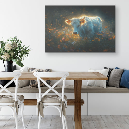 Cow with Glowing Fur in Misty Morning Field Surrounded by Wildflowers and Dew Covered Grass Canvas Wall Art Decor - Awakening Righteousness
