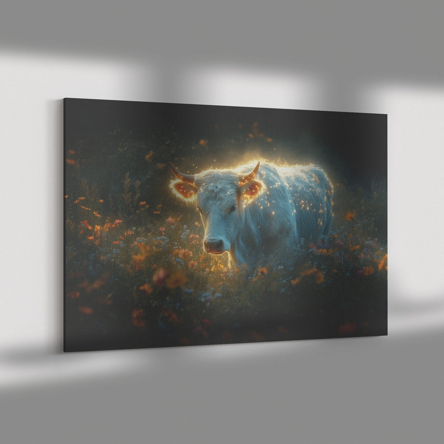 Cow with Glowing Fur in Misty Morning Field Surrounded by Wildflowers and Dew Covered Grass Canvas Wall Art Decor - Awakening Righteousness
