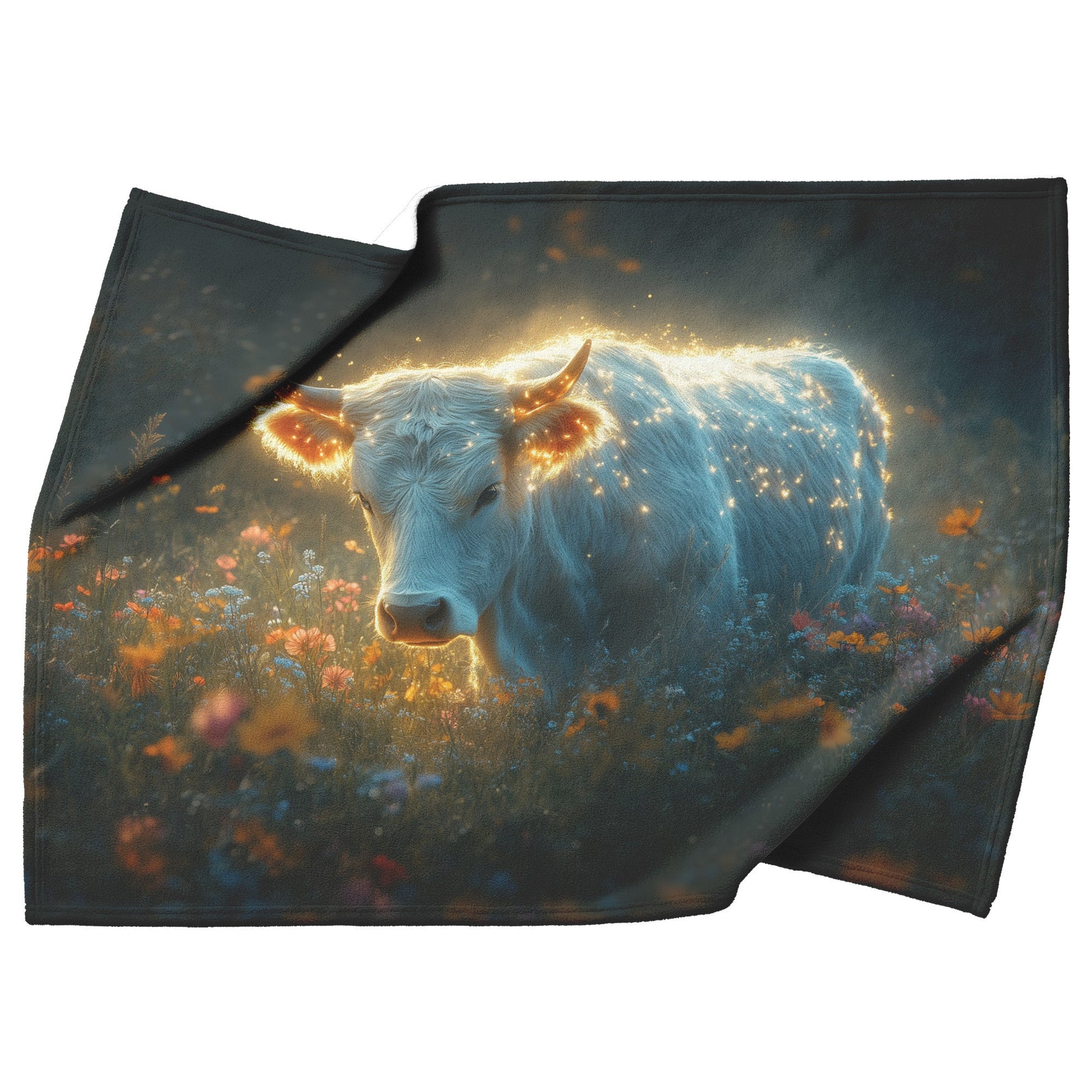 Cow with Glowing Fur Sherpa Fleece Blanket Misty Morning Field Vibrant Wildflowers Dew Covered Grass Peaceful Scene - Awakening Righteousness