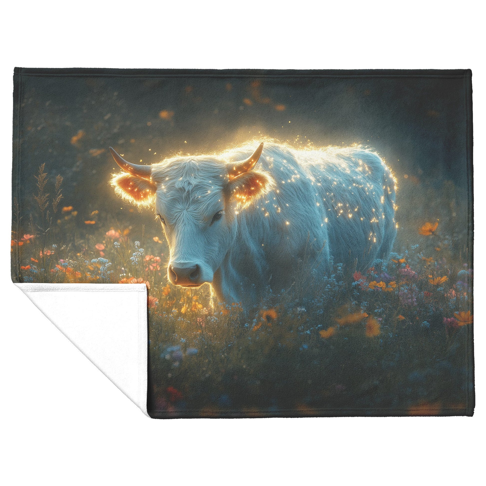 Cow with Glowing Fur Sherpa Fleece Blanket Misty Morning Field Vibrant Wildflowers Dew Covered Grass Peaceful Scene - Awakening Righteousness