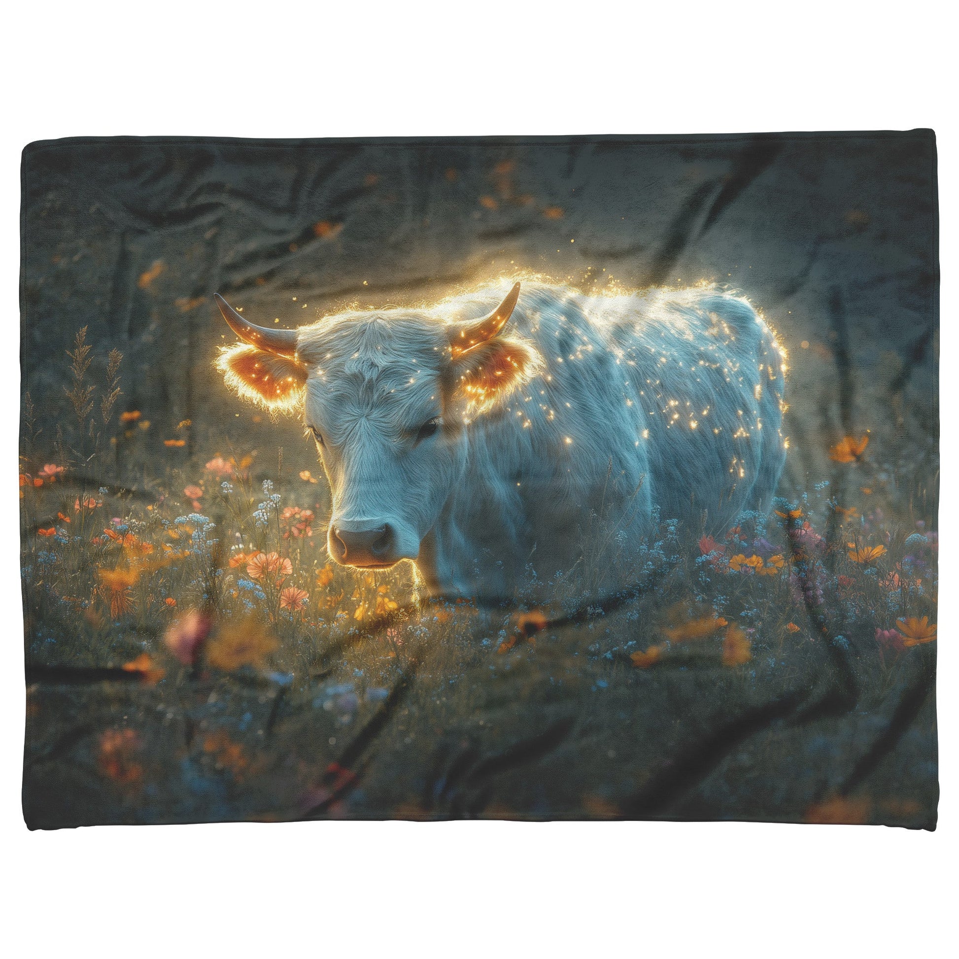 Cow with Glowing Fur Sherpa Fleece Blanket Misty Morning Field Vibrant Wildflowers Dew Covered Grass Peaceful Scene - Awakening Righteousness