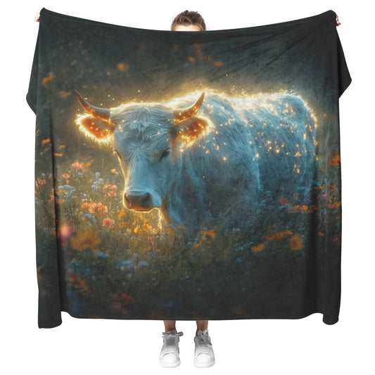 Cow with Glowing Fur Sherpa Fleece Blanket Misty Morning Field Vibrant Wildflowers Dew Covered Grass Peaceful Scene - Awakening Righteousness