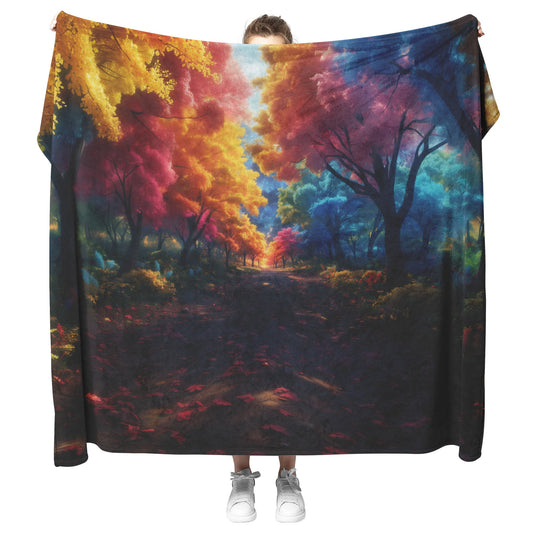 Cozy Autumn Forest Path Cozy Fleece Sherpa Blanket with Fall Leaves and Scenic Nature View - Awakening Righteousness