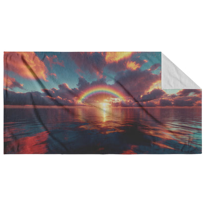 Crescent Moon Over Ocean Beach Towel Stars Reflecting Shimmering Waves Silver Glow Surreal Deep Blue Hues - Awakening Righteousness