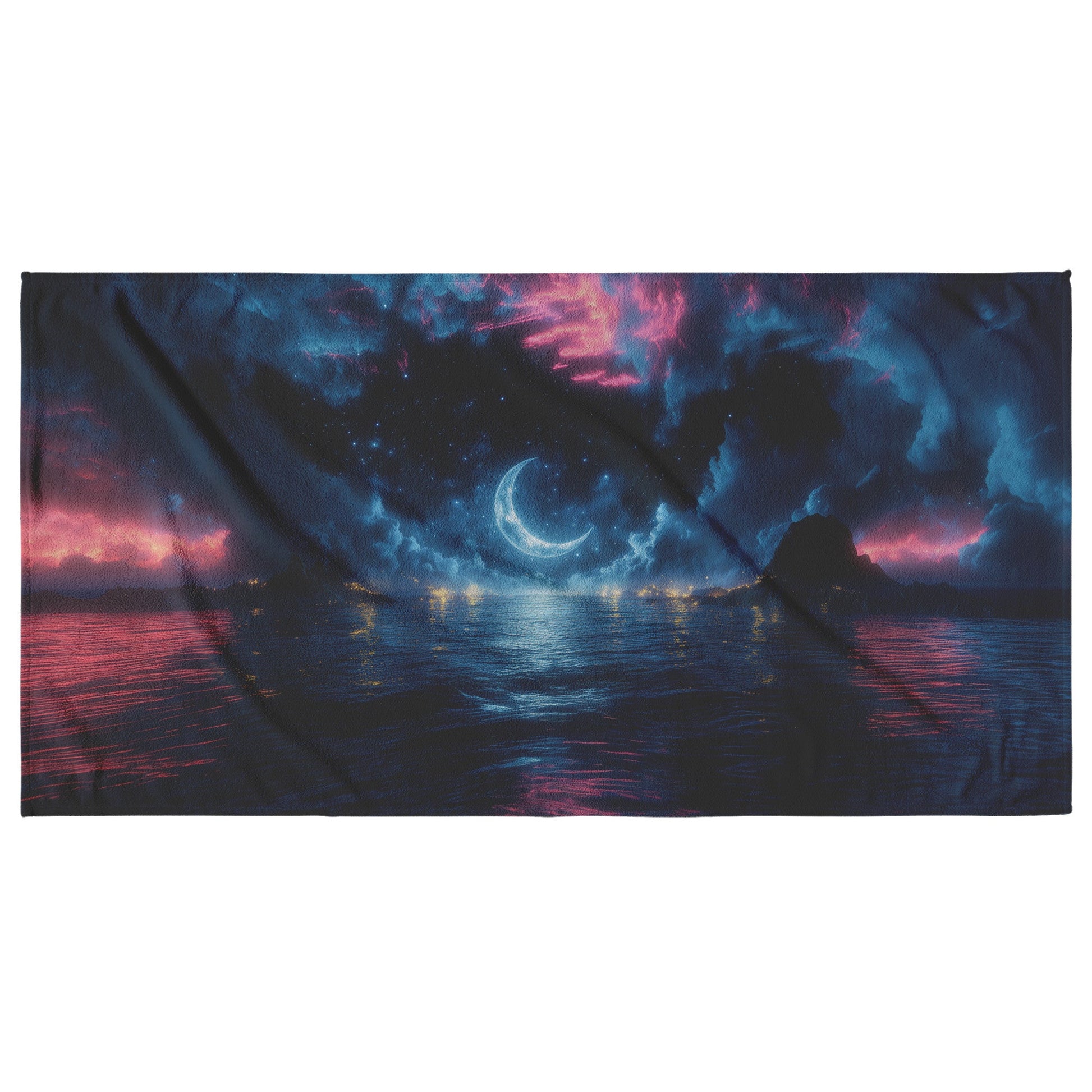 Crescent Moon Over Ocean Beach Towel Stars Reflecting Shimmering Waves Silver Glow Surreal Deep Blue Hues - Awakening Righteousness