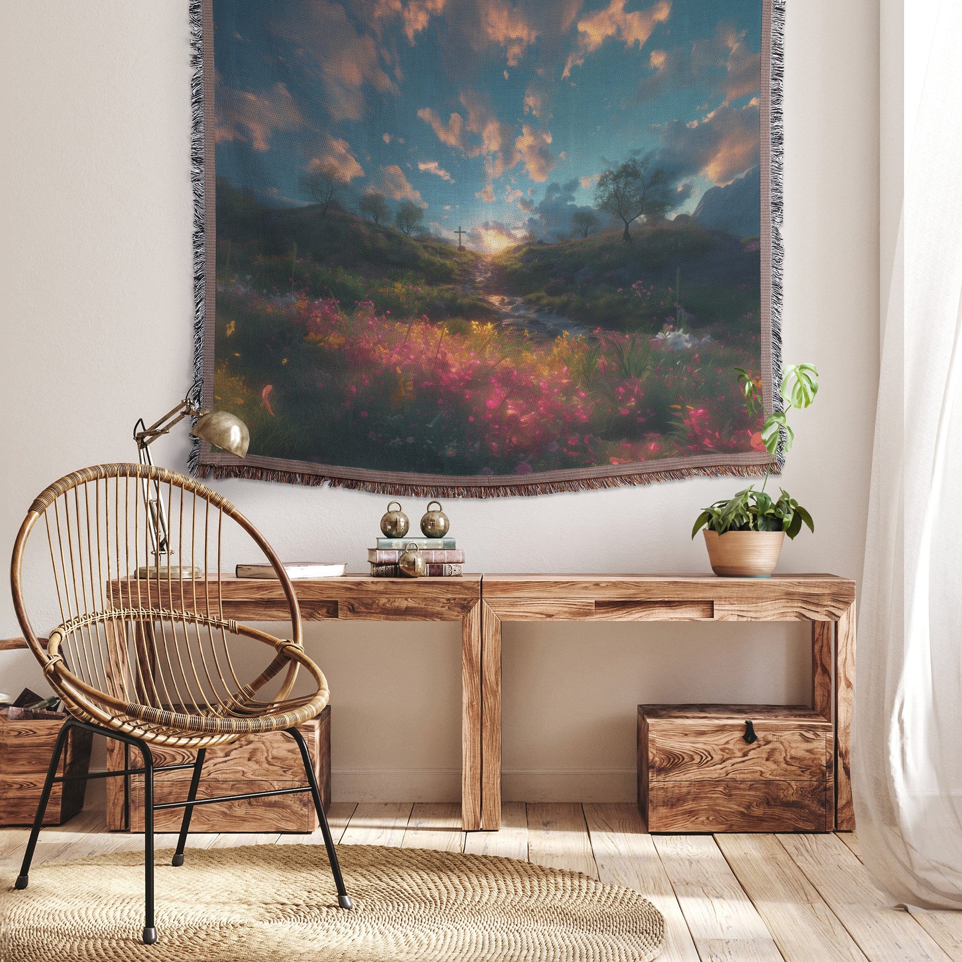 Cross at Sunset Woven Throw Blanket Christian Scenic Decor with Vibrant Flowers and Tranquil Evening Sky - Awakening Righteousness