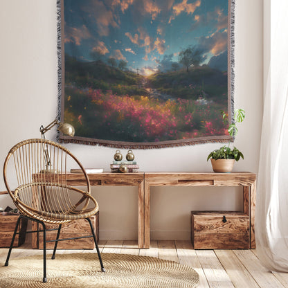 Cross at Sunset Woven Throw Blanket Christian Scenic Decor with Vibrant Flowers and Tranquil Evening Sky - Awakening Righteousness
