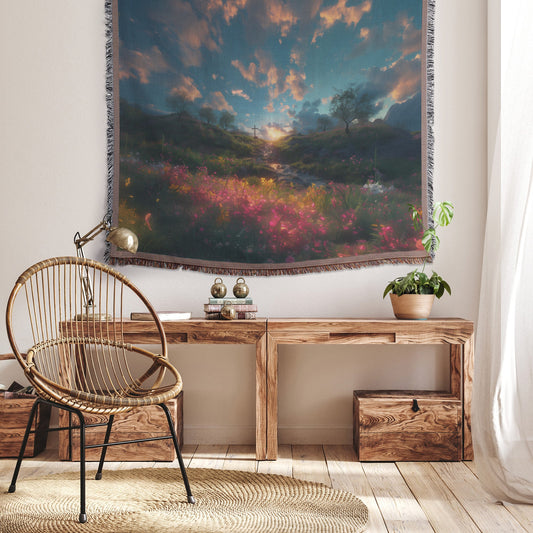 Cross at Sunset Woven Throw Blanket Christian Scenic Decor with Vibrant Flowers and Tranquil Evening Sky - Awakening Righteousness