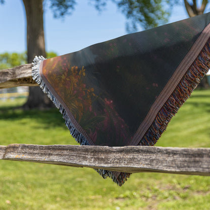 Cross in a Scenic Meadow with Flowing Stream and Sunlight Woven Throw Blanket for Home Decor - Awakening Righteousness