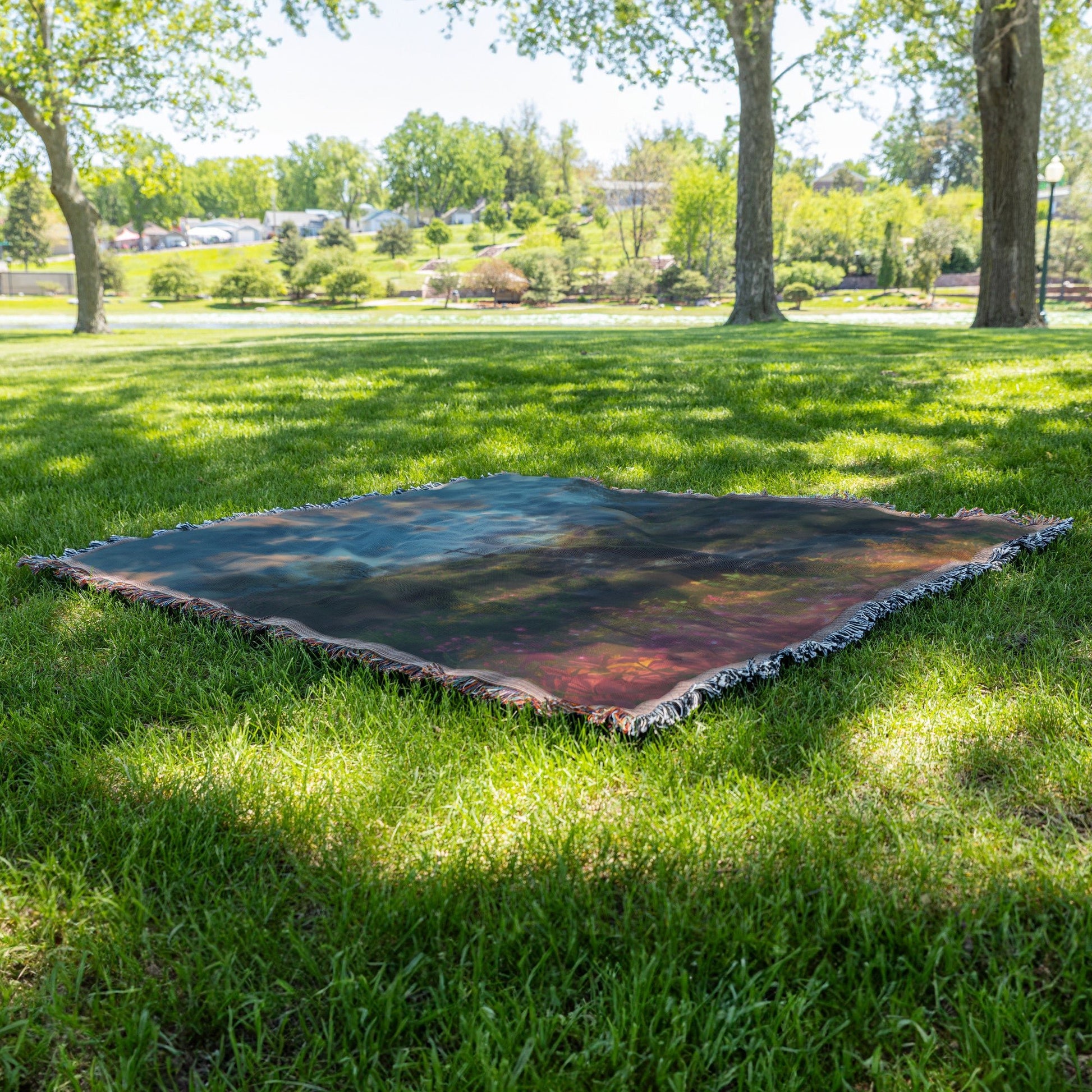 Cross in a Scenic Meadow with Flowing Stream and Sunlight Woven Throw Blanket for Home Decor - Awakening Righteousness