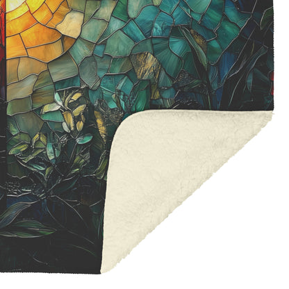 Cross in Vibrant Stained Glass with Floral Design Fleece Sherpa Blanket Ultra Soft Cozy Perfect for Home Gift - Awakening Righteousness