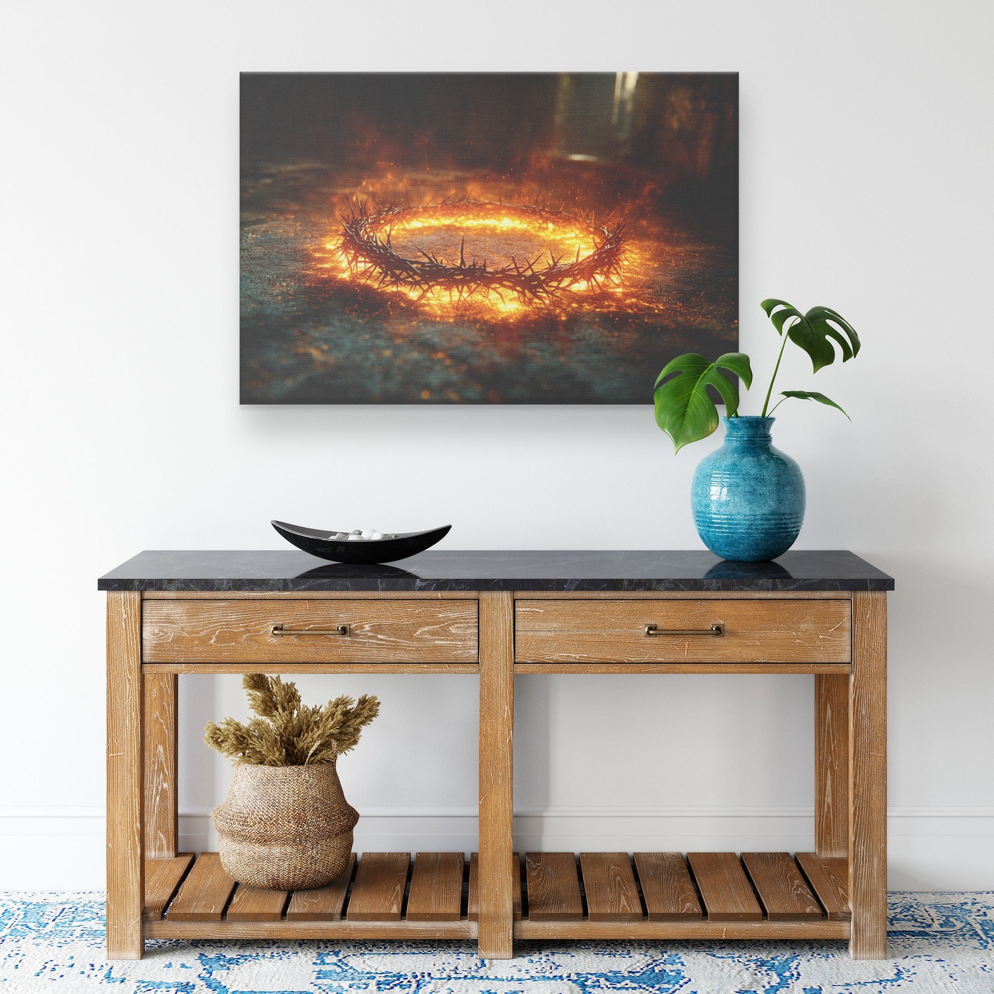 Crown of Thorns Ablaze Christian Canvas Wall Art Symbolizing Sacrifice Faith and Redemption - Awakening Righteousness