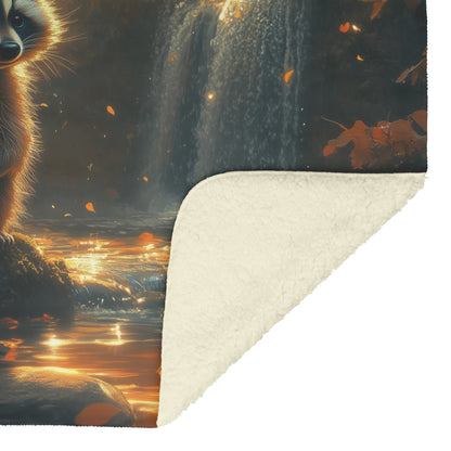 Curious Raccoon by Glowing Waterfall Mossy Rocks Vibrant Plants Soft Light Fleece Sherpa Blanket - Awakening Righteousness