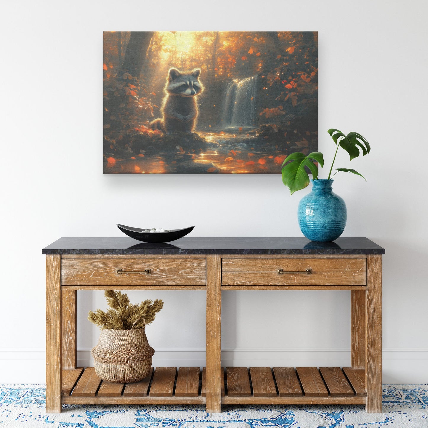 Curious Raccoon Near Glowing Waterfall Mossy Rocks Vibrant Plants Soft Light Canvas Wall Art Decor for Home or Office - Awakening Righteousness