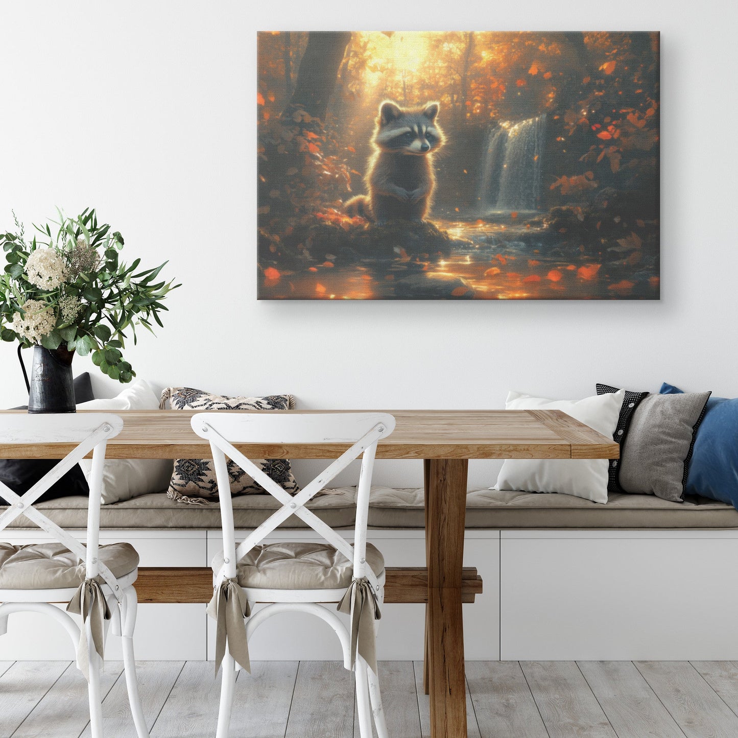 Curious Raccoon Near Glowing Waterfall Mossy Rocks Vibrant Plants Soft Light Canvas Wall Art Decor for Home or Office - Awakening Righteousness