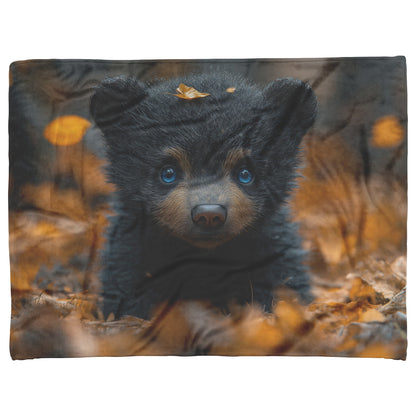 Cute Autumn Black Bear Cub with Blue Eyes Cozy  Fleece Sherpa Blanket - Awakening Righteousness