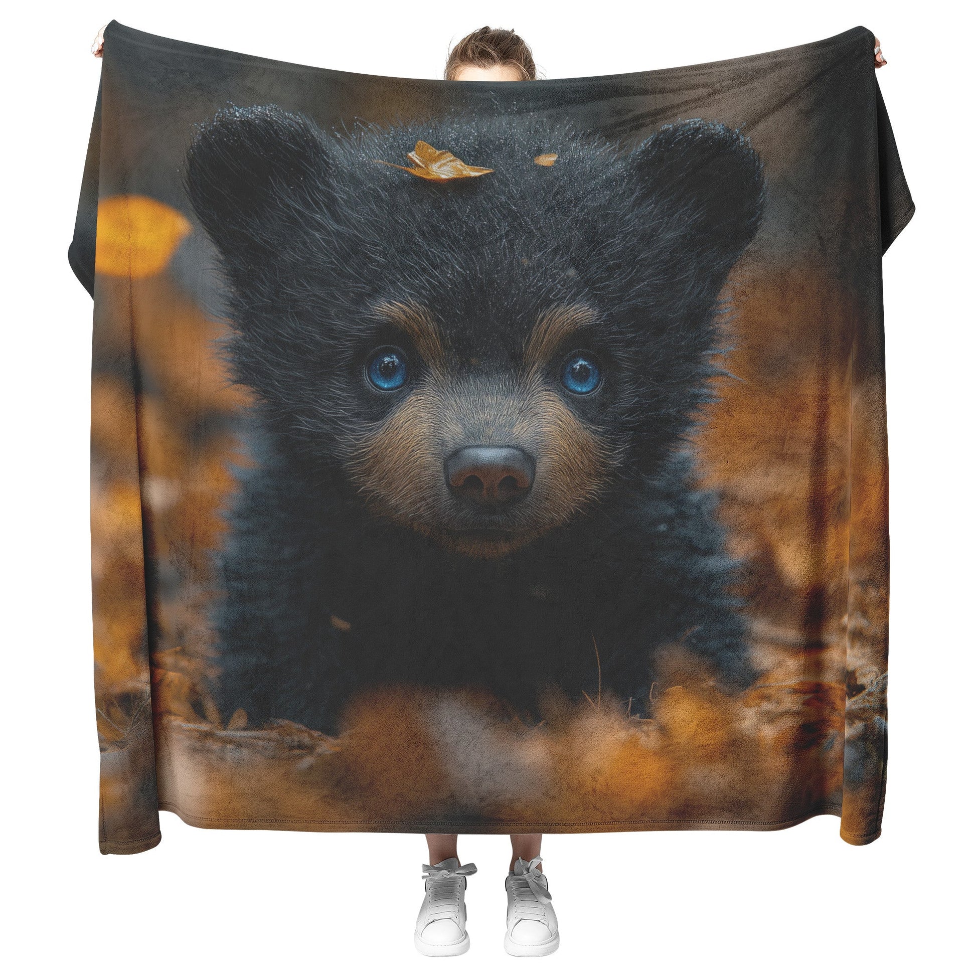 Cute Autumn Black Bear Cub with Blue Eyes Cozy  Fleece Sherpa Blanket - Awakening Righteousness