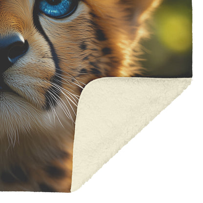Cute Baby Cheetah Blue Eyes Innocent Expression Cozy Fleece Sherpa Blanket Nature Beauty - Awakening Righteousness