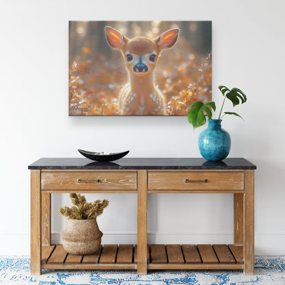 Cute Baby Deer with Big Eyes Standing in Autumn Forest Surrounded by Orange and Yellow Leaves Canvas Wall Art Décor - Awakening Righteousness