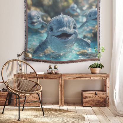 Cute Baby Dolphins Swimming in Water Cozy Woven Throw Blanket - Awakening Righteousness