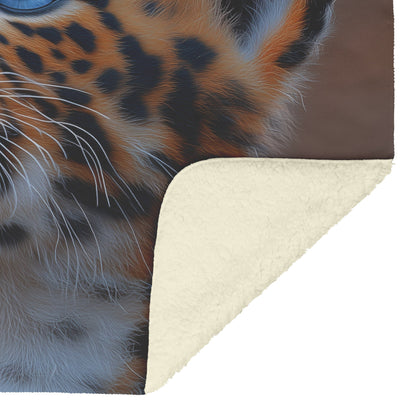 Cute Baby Leopard with Blue Eyes in Beautiful Natural Scenery Cozy Fleece Sherpa Blanket - Awakening Righteousness