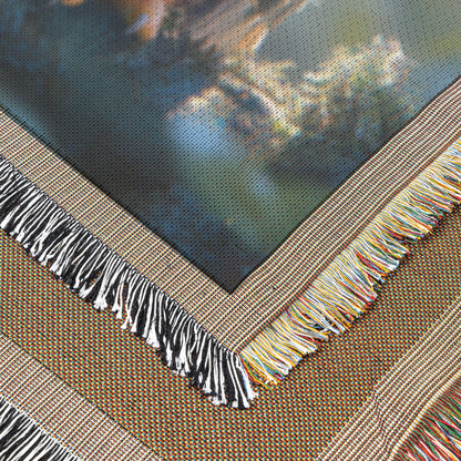 Cute Baby Owl Perched On a Tree Branch in Sunlit Forest Woven Throw Blanket - Awakening Righteousness