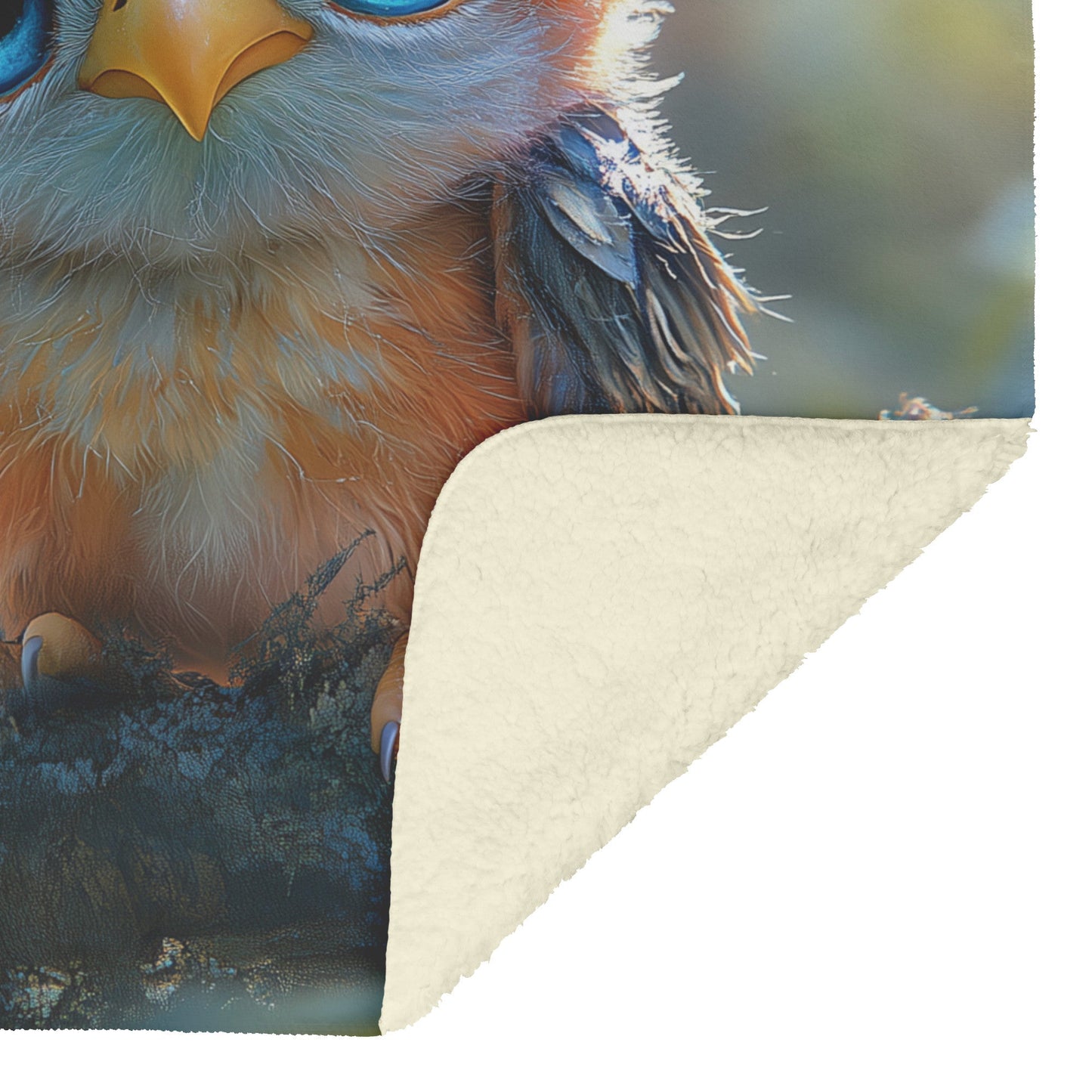 Cute Baby Owl with Big Blue Perched on Tree Branch Cozy Fleece Sherpa Blanket - Awakening Righteousness