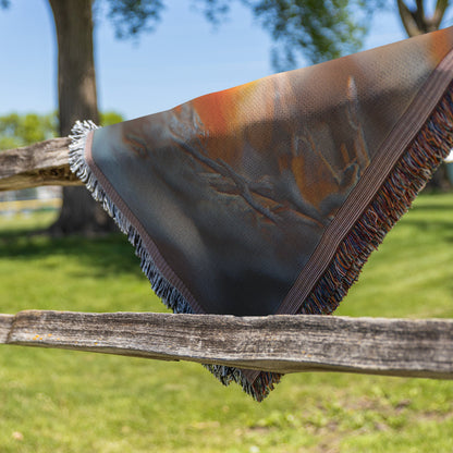 Cute Baby Phoenix with Big Blue Eyes Nestled in Fiery Glow Cozy Woven Throw Blanket - Awakening Righteousness
