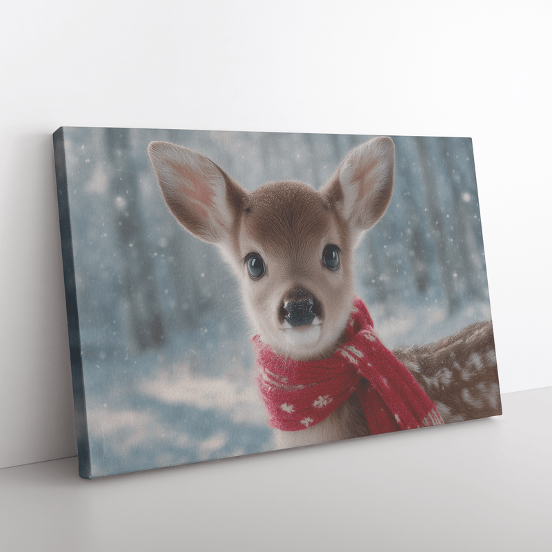 Cute Baby Reindeer with Blue Eyes Snowy Canvas Wall Art - Awakening Aesthetics