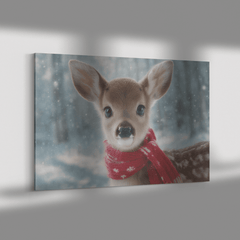 Cute Baby Reindeer with Blue Eyes Snowy Canvas Wall Art - Awakening Aesthetics