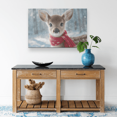Cute Baby Reindeer with Blue Eyes Snowy Canvas Wall Art - Awakening Aesthetics