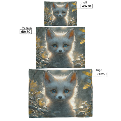 Cute Baby Snow Fox with Blue Eyes and White Fur Cozy Fleece Sherpa Blanket - Awakening Righteousness