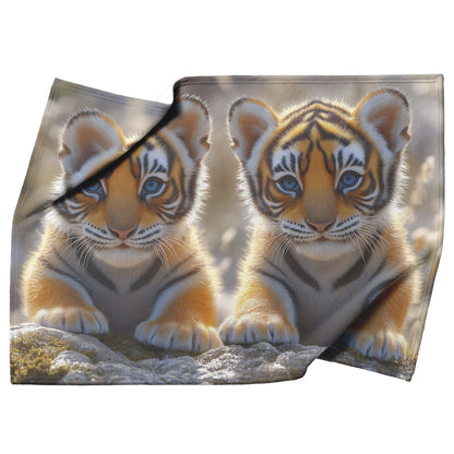 Cute Baby Tigers  with Blue Eyes in Lush Forest Cozy Fleece Sherpa Blanket - Awakening Righteousness