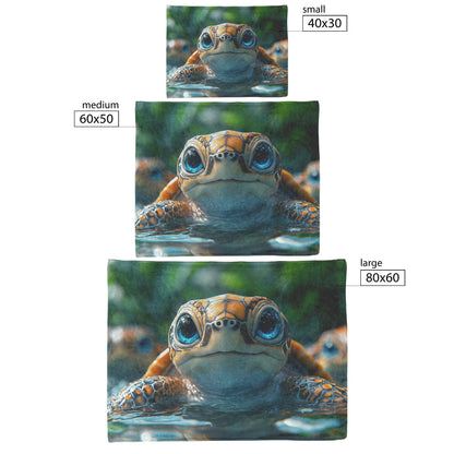 Cute Baby Turtle with Big Eyes and Charming Smile Floating in Serene Forest River Cozy Fleece Sherpa Blanket - Awakening Righteousness