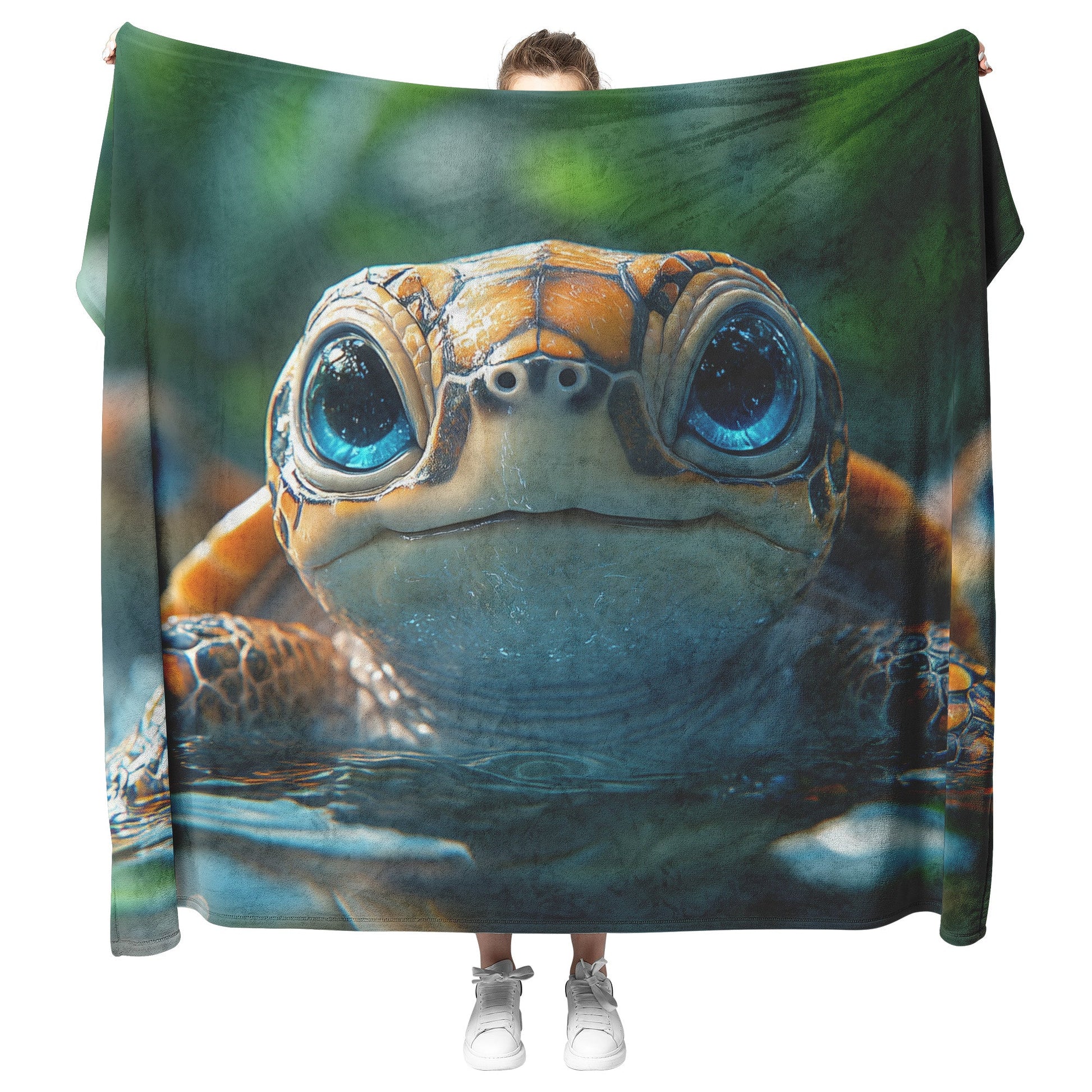 Cute Baby Turtle with Big Eyes and Charming Smile Floating in Serene Forest River Cozy Fleece Sherpa Blanket - Awakening Righteousness