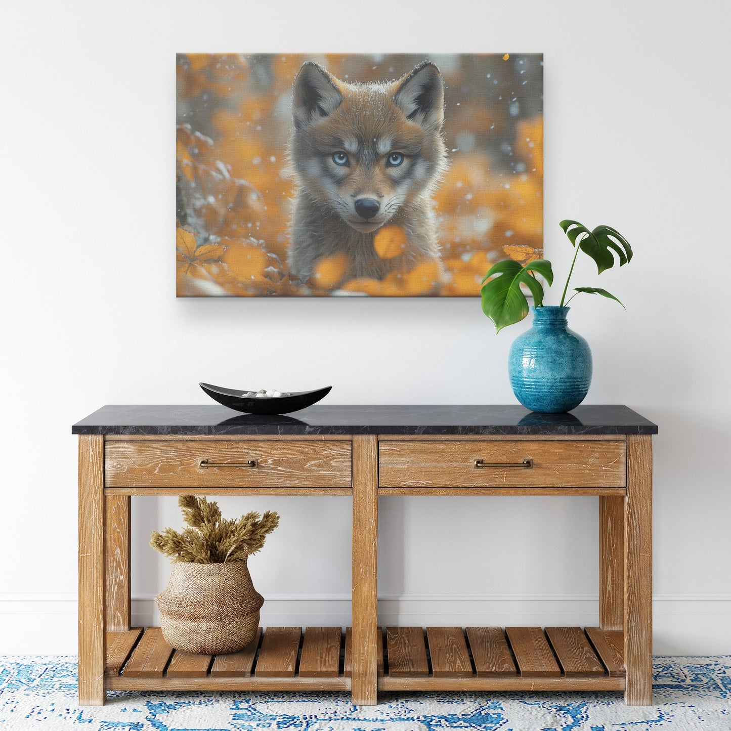 Cute Baby Wolf with Blue Eyes in Autumn Forest Surrounded by Orange Leaves and Falling Snowflakes Canvas Wall Art Décor - Awakening Righteousness