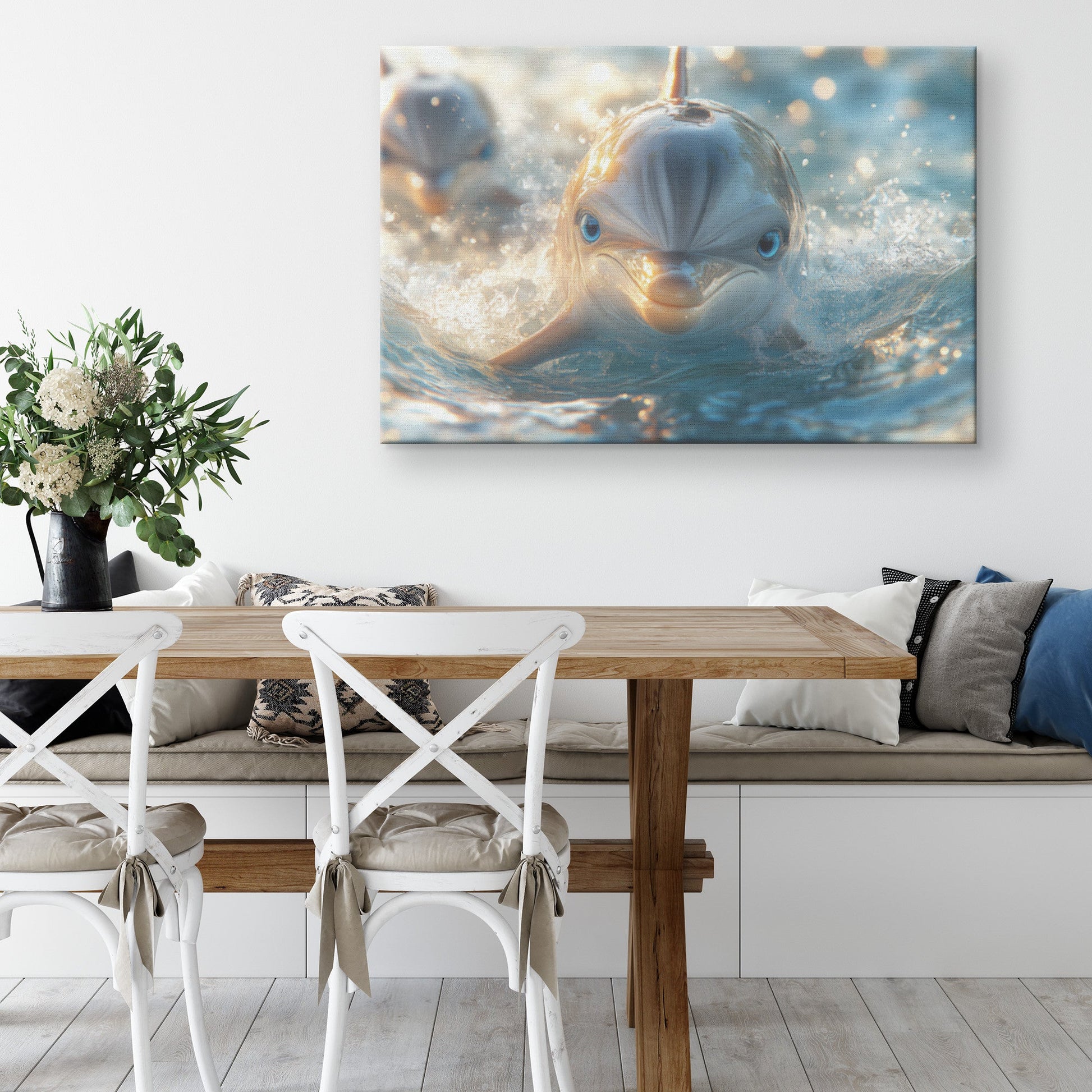Cute Dolphin with Blue Eyes Playfully Splashing in Water Canvas Wall Art Decor - Awakening Righteousness