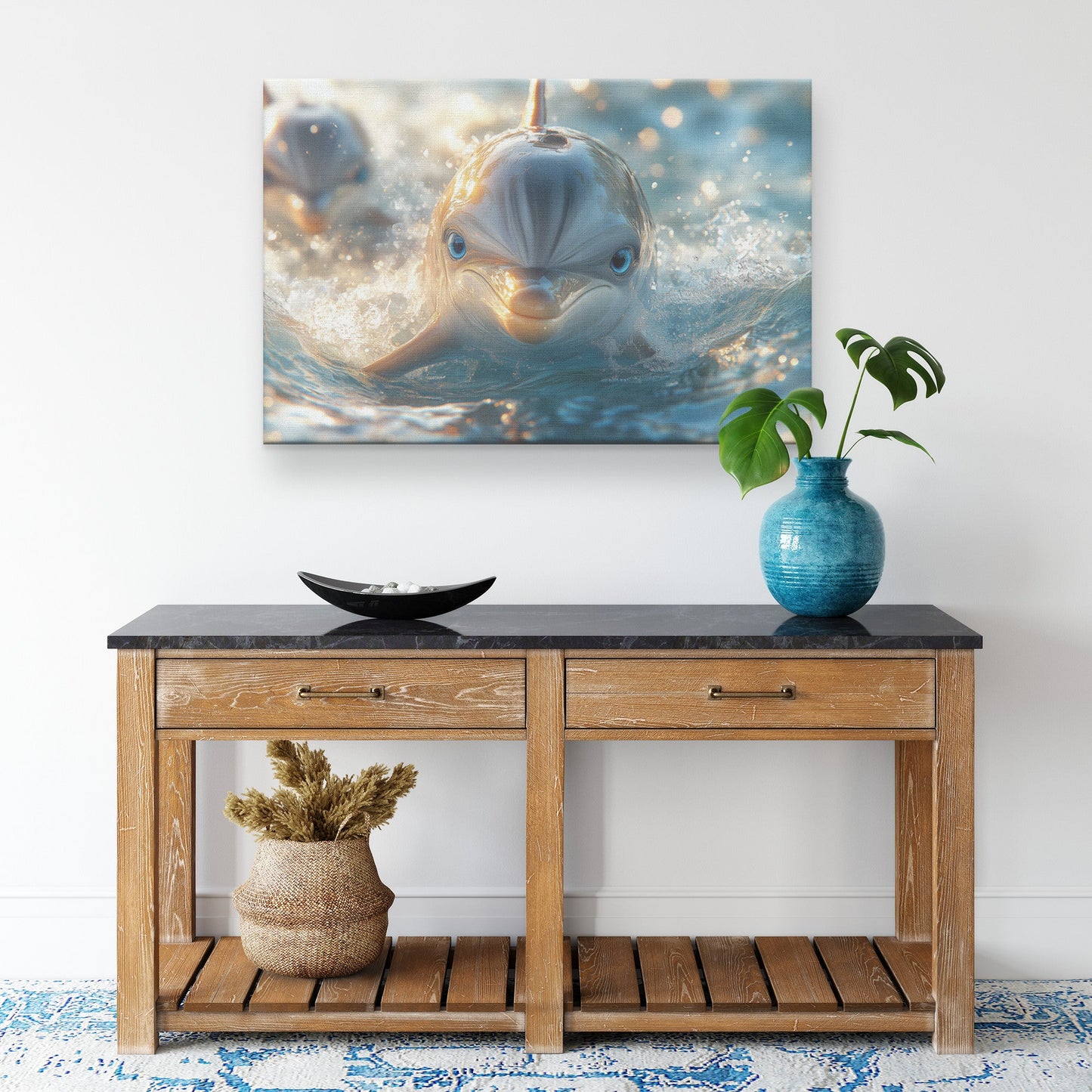 Cute Dolphin with Blue Eyes Playfully Splashing in Water Canvas Wall Art Decor - Awakening Righteousness