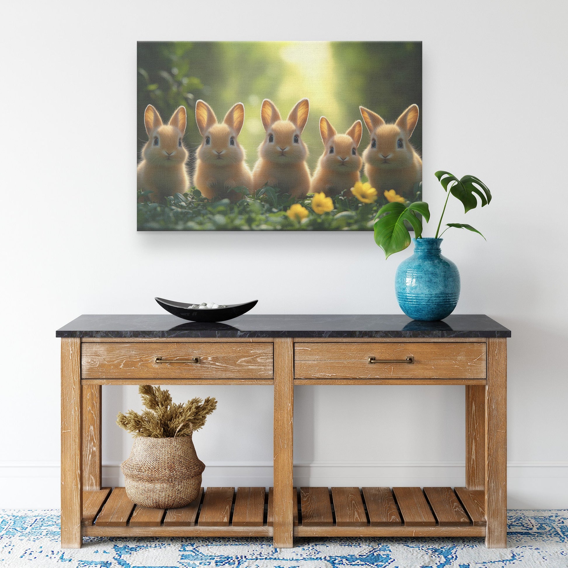 Cute Fluffy Bunnies In Green Grass With Yellow Flowers Canvas Wall Art Decor - Awakening Righteousness