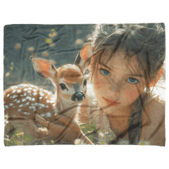 Cute Girl Holding Fawn in Spring Meadow Cozy Fleece Sherpa Blanket - Awakening Aesthetics