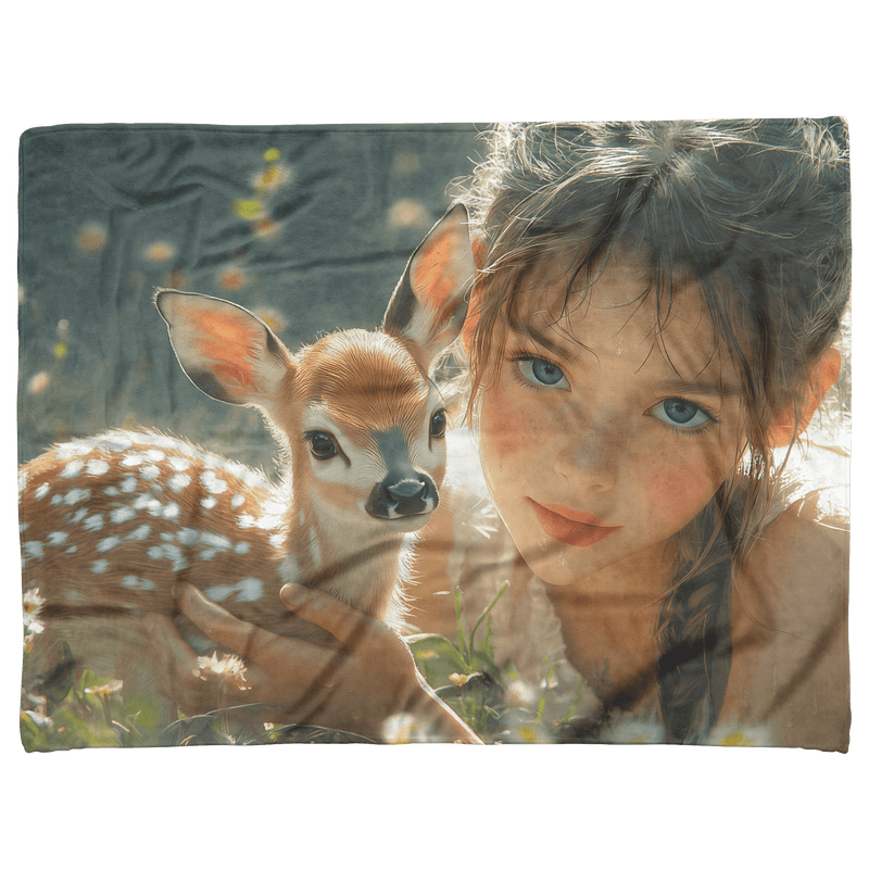 Cute Girl Holding Fawn in Spring Meadow Cozy Fleece Sherpa Blanket - Awakening Aesthetics