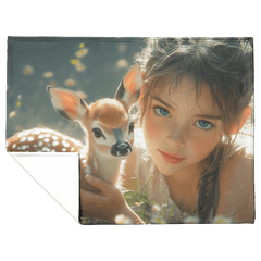 Cute Girl Holding Fawn in Spring Meadow Cozy Fleece Sherpa Blanket - Awakening Aesthetics